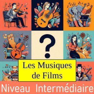 Illustration de musique de film avec une bobine de cinéma et des notes de musique pour un quiz de 15 QCM niveau moyen